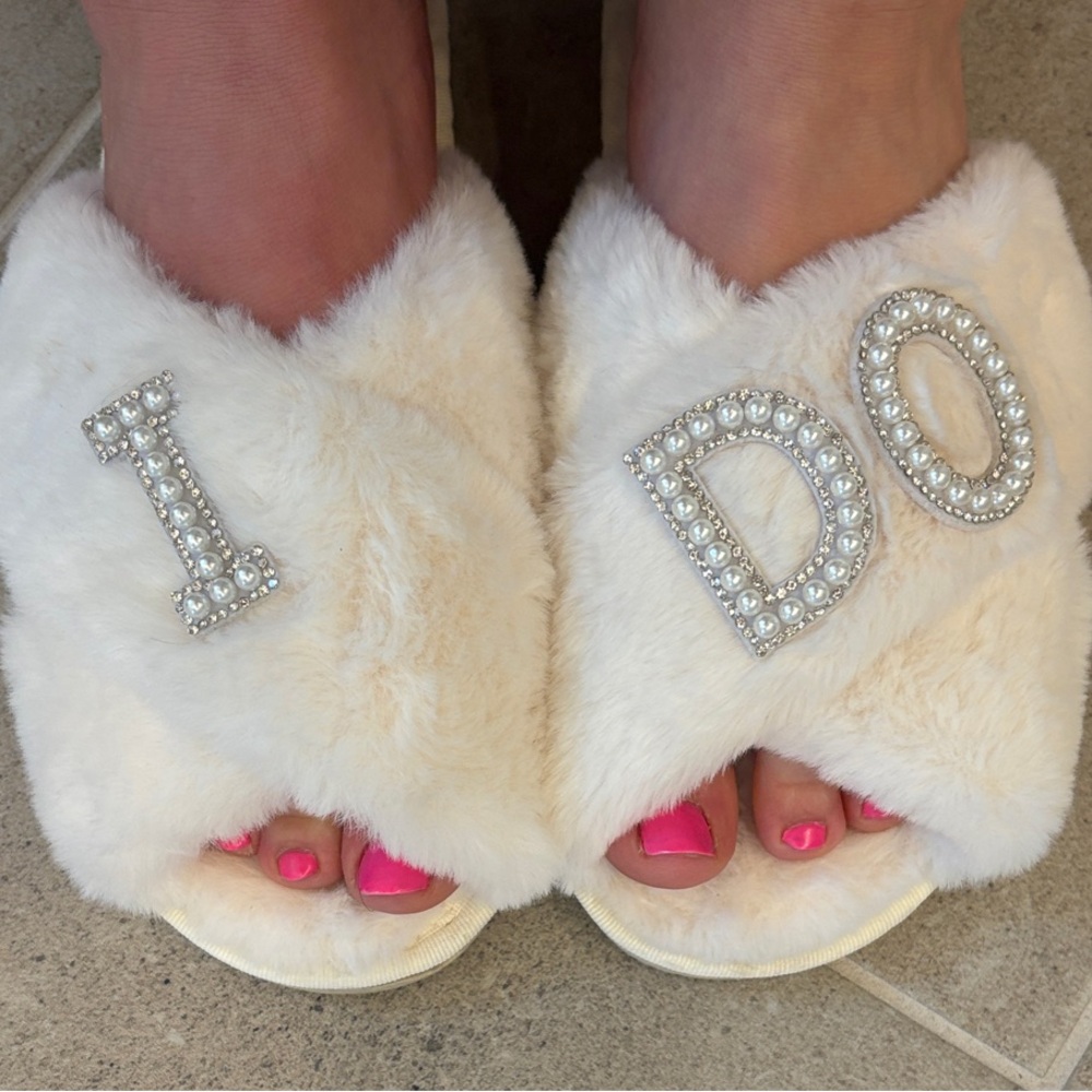 Bridal Faux Fur Slide Slippers with Pearl Lettering